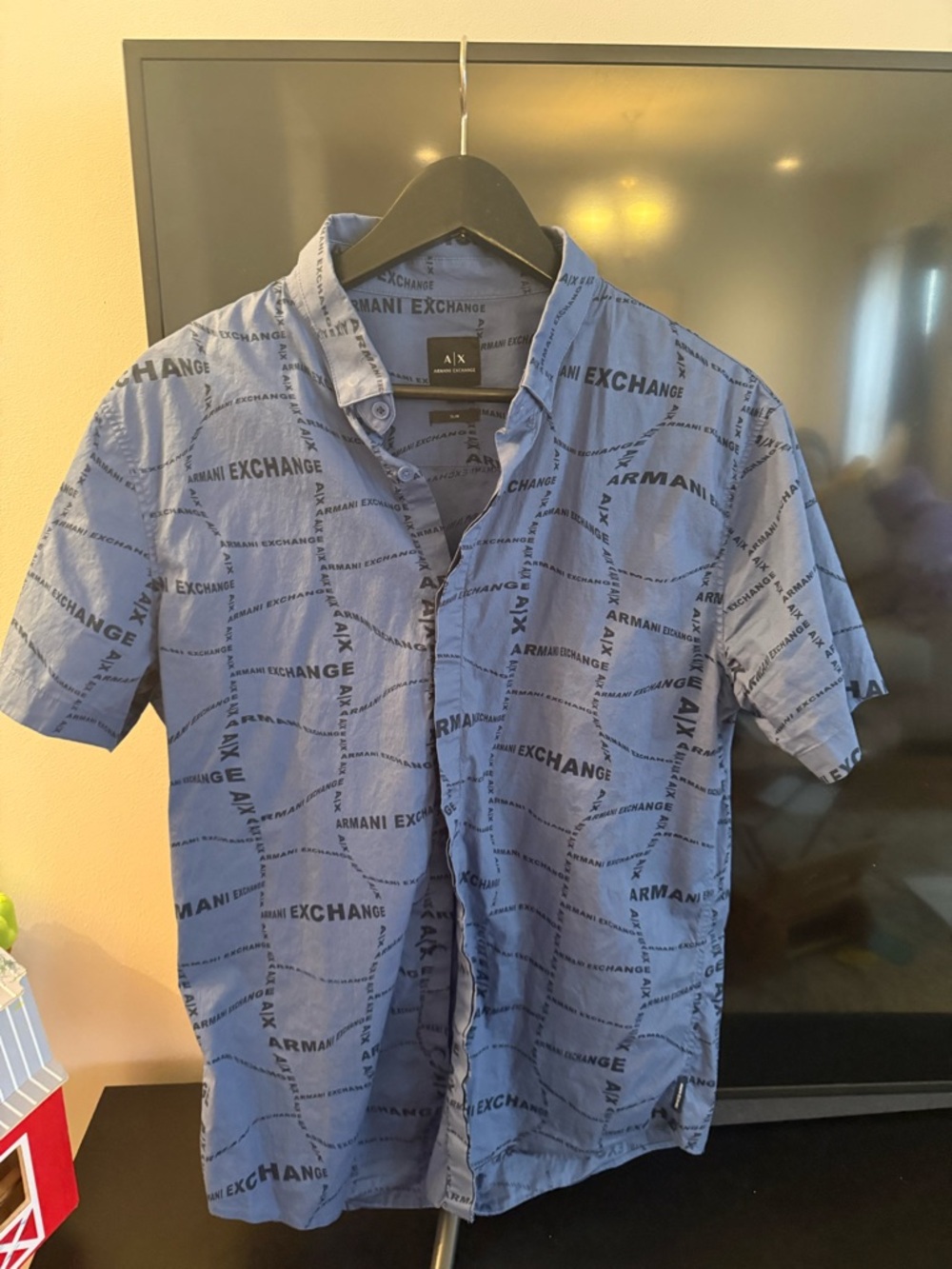 Armani Exchange Short Sleeve Blue Logo-Print Button-Up Shirt